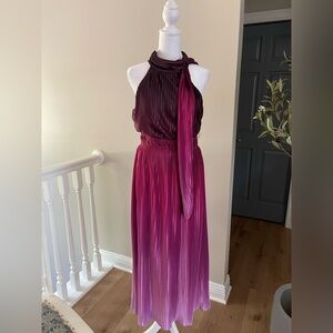 Anne Klein Purple Pleated Dress with Attached Scarf and Halter Neckline